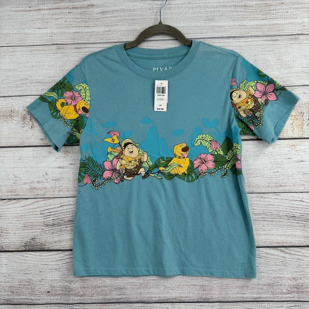 Disney Pixar Up Paradise Tee Womens XS Blue Russell Dug Tropical Graphic Shirt